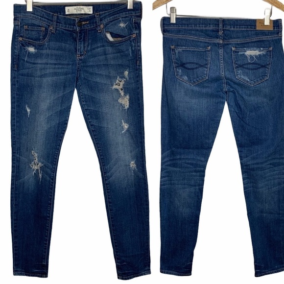 Abercrombie & Fitch Perfect Stretch Skinny Mid Rise Distressed Jeans Size 4 R - Picture 1 of 14